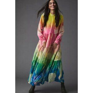 Siddhartha Bansal Evening Bloom Long Tiered Dress Rainbow Watercolor Size XS
